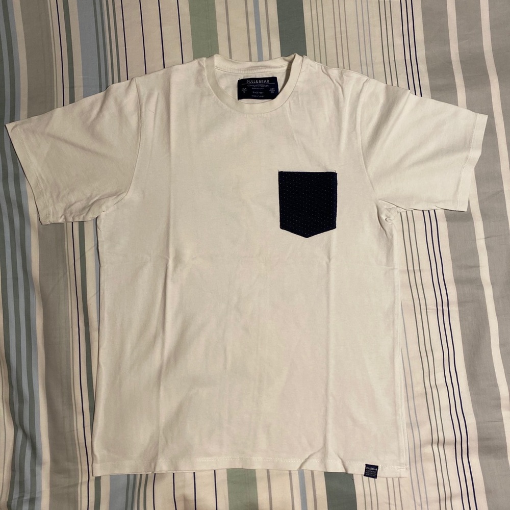 White Tee with Navy Blue Pocket